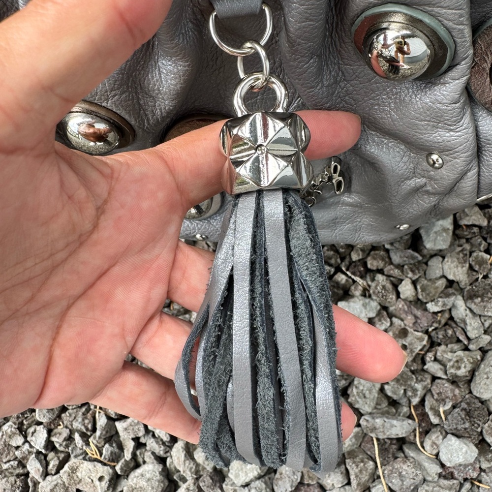 Sharif Gray Leather Studded Hobo Shoulder Bag with Chain Strap & Tassel - Picture 10 of 16